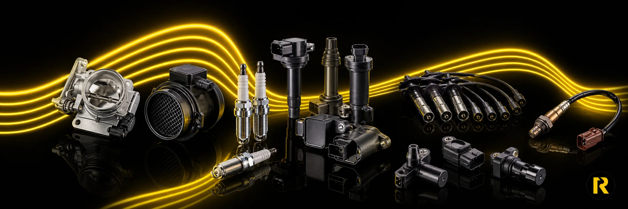 Bujías, bobinas, cables y sensores automotrices sobre fondo neón amarillo REMBERT